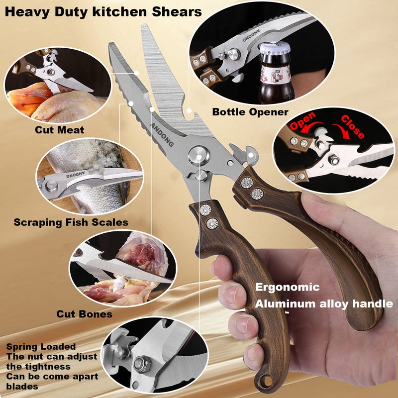 ANDONG Kitchen Shears - Heavy Duty Stainless Steel Poultry  Meat & Bone Scissors with Black Leather Sheath for Food - Image 3